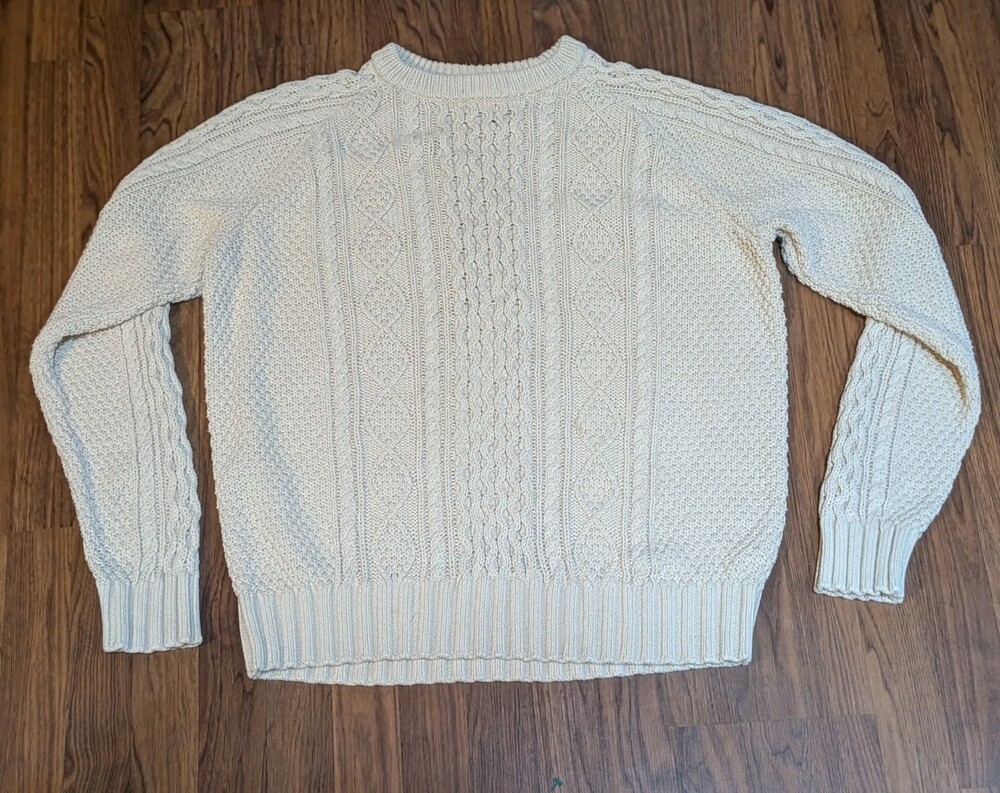 L.L. Bean Signature XL Cream Fisherman Cable Knit Cotton Sweater Academia Preppy